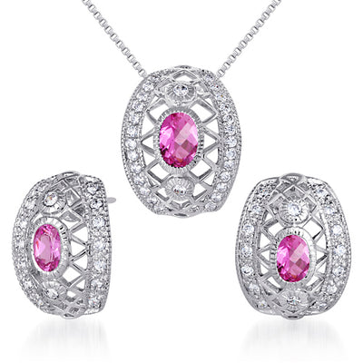 Created Pink Sapphire Pendant Earrings Set Sterling Silver