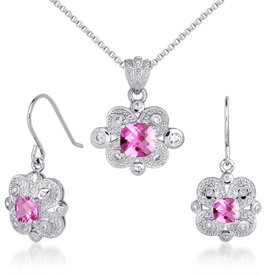 Created Pink Sapphire Pendant Earrings Set in Sterling Silver