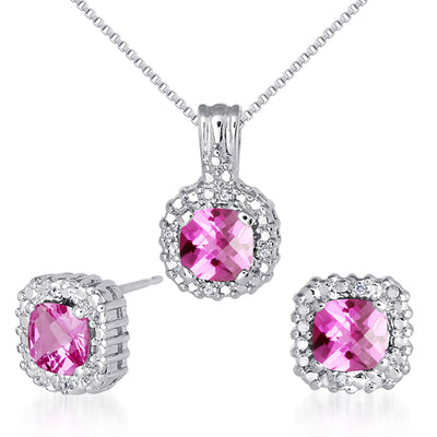 Created Pink Sapphire Pendant Earrings Set Sterling Silver 4.50 Carats