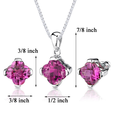 Created Pink Sapphire Pendant Earrings Set Sterling Silver Lily Cut 10.25 Carats