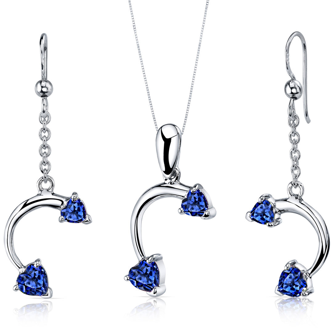 Created Blue Sapphire Pendant Earrings Set Sterling Silver